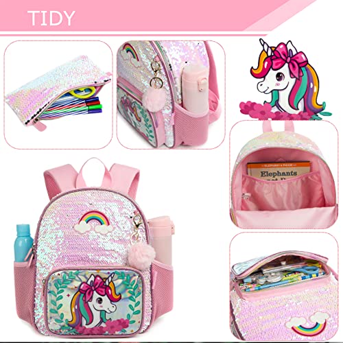 HTgroce Mochila Lentejuelas niña Escolar,13 Inches Mochila Unicornio niña &Chip Pequeño Brillante Estuche Escolar Regalos para niñas de 3-8 años Unicornios para niñas Juguetes