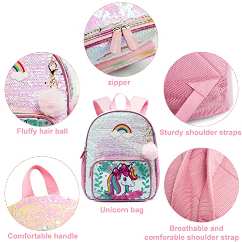 HTgroce Mochila Lentejuelas niña Escolar,13 Inches Mochila Unicornio niña &Chip Pequeño Brillante Estuche Escolar Regalos para niñas de 3-8 años Unicornios para niñas Juguetes