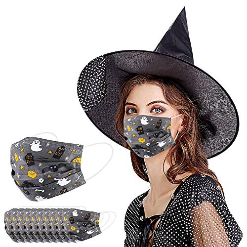 Hundakvy 50 piezas Máscara_de Halloween, Halloween Adulto_Mascarillas_Desechables Protección_de_3_Capas Calabaza Murciélago Bruja Fantasma Estampado para Víspera de Todos los Santos (D07)