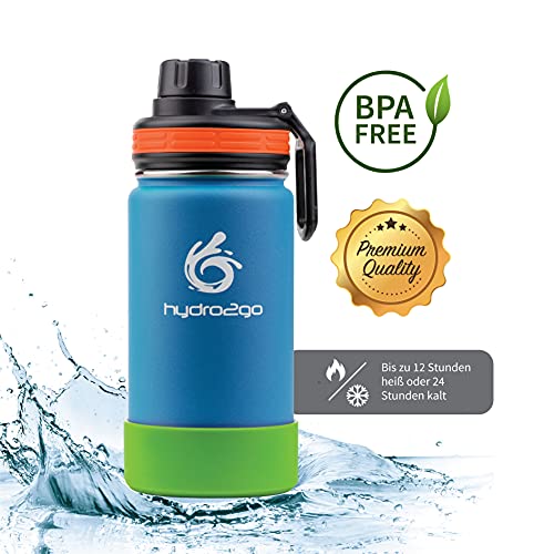 hydro2go® botella de agua para niños de acero inoxidable - 350 ml | Botella termo de acero inoxidable sin BPA para niños + 2 tapones para beber | Biberón 100% a prueba de fugas Paja y cierre deportivo