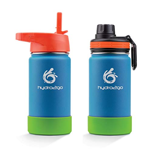 hydro2go® botella de agua para niños de acero inoxidable - 350 ml | Botella termo de acero inoxidable sin BPA para niños + 2 tapones para beber | Biberón 100% a prueba de fugas Paja y cierre deportivo