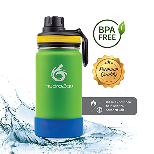 hydro2go® botella de agua para niños de acero inoxidable - 350 ml | Botella termo de acero inoxidable sin BPA para niños + 2 tapones para beber | Biberón 100% a prueba de fugas Paja y cierre deportivo