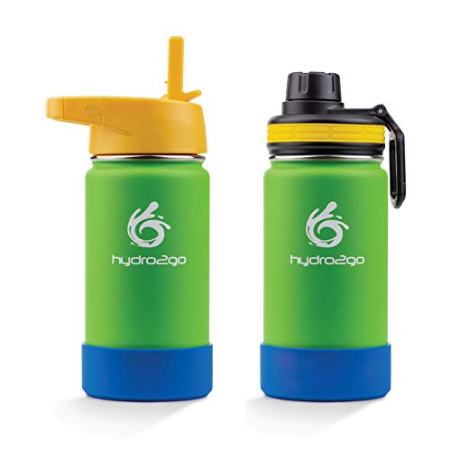 hydro2go® botella de agua para niños de acero inoxidable - 350 ml | Botella termo de acero inoxidable sin BPA para niños + 2 tapones para beber | Biberón 100% a prueba de fugas Paja y cierre deportivo