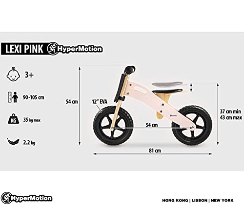 HyperMotion Bicicleta sin pedales de madera para niños a partir de 2,5 años, con asiento ajustable, de madera, ligera, 2,2 kg, ruedas de 12 pulgadas, hasta 35 kg, color rosa