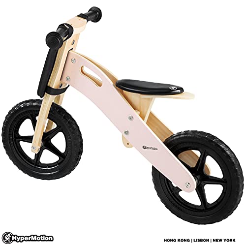 HyperMotion Bicicleta sin pedales de madera para niños a partir de 2,5 años, con asiento ajustable, de madera, ligera, 2,2 kg, ruedas de 12 pulgadas, hasta 35 kg, color rosa