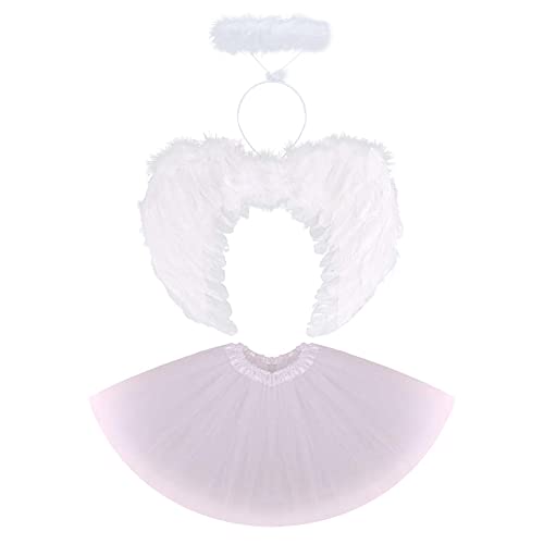 IBAKOM 3 unids/4 unids niños bebé niña ángel diablo bruja pluma ala hada traje de diadema tutú falda día de San Valentín Halloween Navidad carnaval cumpleaños traje de disfraces, Blanco-01, 2-12 años