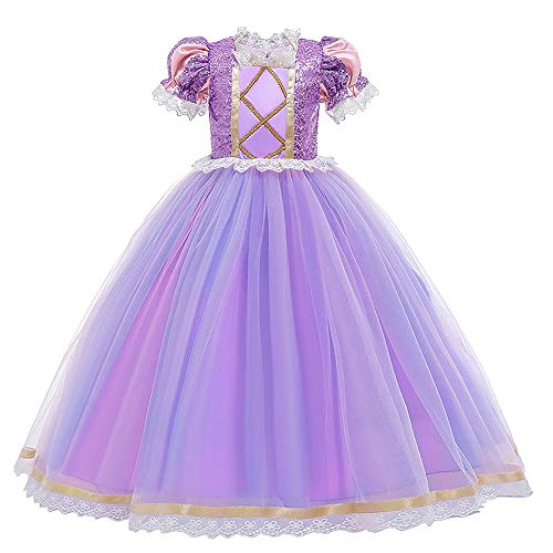 IDOPIP Disfraz de Princesa Rapunzel Niña Sofía Vestido Fiesta Carnaval Cosplay Halloween Costume para Chicas con Peluca Morado 08 5-6 Años