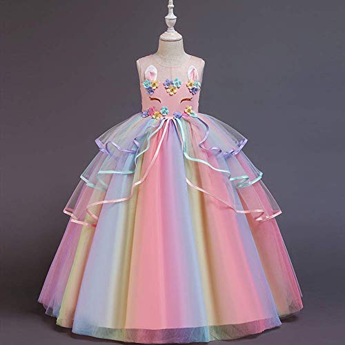 IDOPIP Disfraz de Unicornio Niñas Chicas Vestido Unicornio Princesa Traje de Carnaval Cumpleaños Comunión Cosplay Costume con Diadema Rosa A 5-6Años