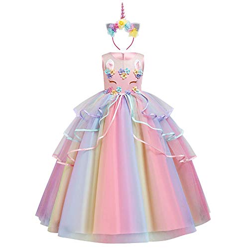 IDOPIP Disfraz de Unicornio Niñas Chicas Vestido Unicornio Princesa Traje de Carnaval Cumpleaños Comunión Cosplay Costume con Diadema Rosa A 5-6Años