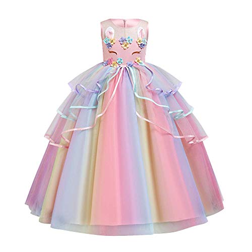 IDOPIP Disfraz de Unicornio Niñas Chicas Vestido Unicornio Princesa Traje de Carnaval Cumpleaños Comunión Cosplay Costume con Diadema Rosa A 5-6Años