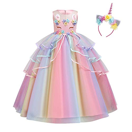 IDOPIP Disfraz de Unicornio Niñas Chicas Vestido Unicornio Princesa Traje de Carnaval Cumpleaños Comunión Cosplay Costume con Diadema Rosa A 5-6Años