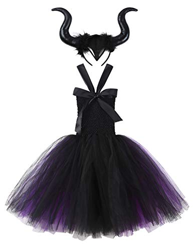 iiniim Disfraz Bruja Vampiresa Payaso Niña Princesa Vestido con Lazada Tutú Tul Ropa de Fiesta Actuación Halloween Cosplay Costume Carnaval Party 2-12 Años Negro&Violeta 6-7 años