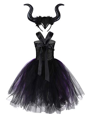 iiniim Disfraz Bruja Vampiresa Payaso Niña Princesa Vestido con Lazada Tutú Tul Ropa de Fiesta Actuación Halloween Cosplay Costume Carnaval Party 2-12 Años Negro&Violeta 6-7 años