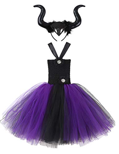 iiniim Disfraz Bruja Vampiresa Payaso Niña Princesa Vestido con Lazada Tutú Tul Ropa de Fiesta Actuación Halloween Cosplay Costume Carnaval Party 2-12 Años Negro&Violeta 6-7 años