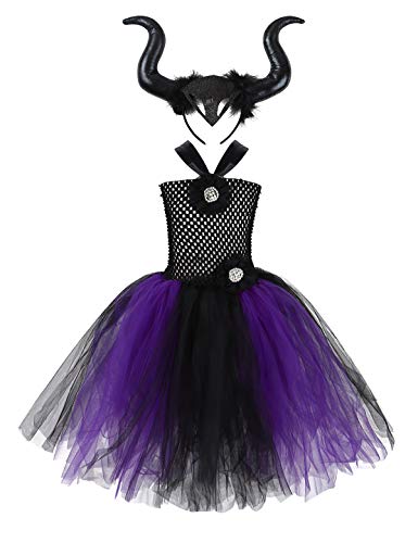 iiniim Disfraz Bruja Vampiresa Payaso Niña Princesa Vestido con Lazada Tutú Tul Ropa de Fiesta Actuación Halloween Cosplay Costume Carnaval Party 2-12 Años Negro&Violeta 6-7 años