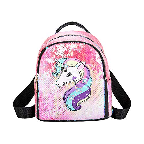 Ikaif Mochila De Lentejuelas Brillantes Mini Unicornio para Niñas, Mochila Escolar con Cierre De Cremallera, Mochila De Viaje Duradera Y De Moda para Niños, Mochila con Tirantes Ajustables (Pink)