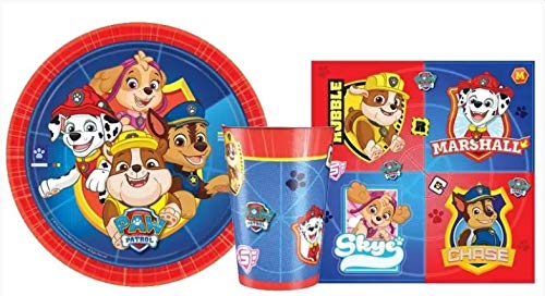 ILS I LOVE SHOPPING Juego de mesa para fiestas de cumpleaños con 8 platos de 23 cm, 8 vasos y 20 servilletas de la Patrulla Canina, juego de 8 personas