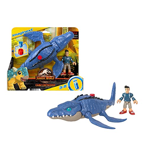 Imaginext Imaginext-HCN52 Jurassic World Camp Cretaceous Mosasaurus & Kenji, Multicolor (Mattel HCN52)