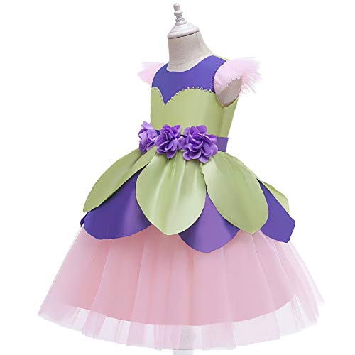 IMEKIS - Disfraz de campanilla de hadas para niñas, disfraz de princesa, vestido de flores, volantes, tutú, falda de mariposa, varita para fiesta de cumpleaños, Halloween, Navidad, carnaval, juego