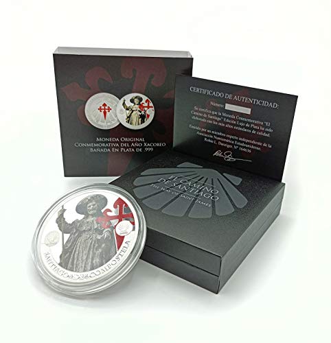 IMPACTO COLECCIONABLES Moneda Conmemorativa del Camino de Santiago, Año Santo Xacobeo 2021 - Bañada en Plata de Ley .999 - Edición Limitada Especial Coleccionista con Certificado de autenticidad.