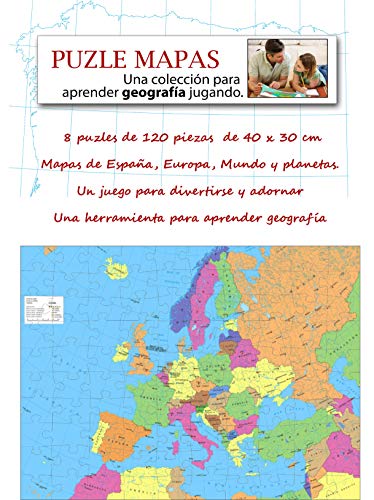 Incal Ediciones 8 puzles de 120 Piezas de 40 x 30 cm. Mapas de España, Europa, Mundo y Planetas. Puzzle geografia. Rompecabeza mapas