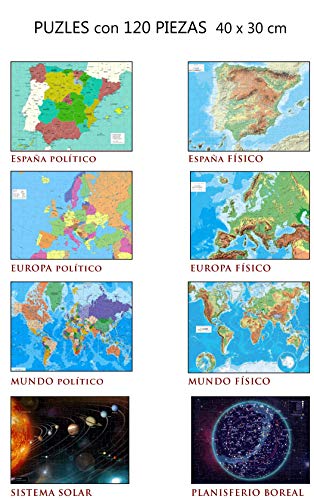 Incal Ediciones 8 puzles de 120 Piezas de 40 x 30 cm. Mapas de España, Europa, Mundo y Planetas. Puzzle geografia. Rompecabeza mapas