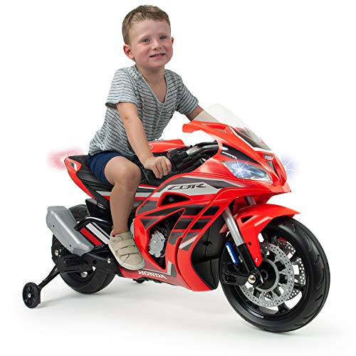 INJUSA Honda CBR 12V Roja Recomendada a Niños +3 Años con Bandas de Goma en Ruedas Aceleración en Puño Ruedas Estabilizadoras y MP3