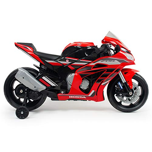 INJUSA Honda CBR 12V Roja Recomendada a Niños +3 Años con Bandas de Goma en Ruedas Aceleración en Puño Ruedas Estabilizadoras y MP3