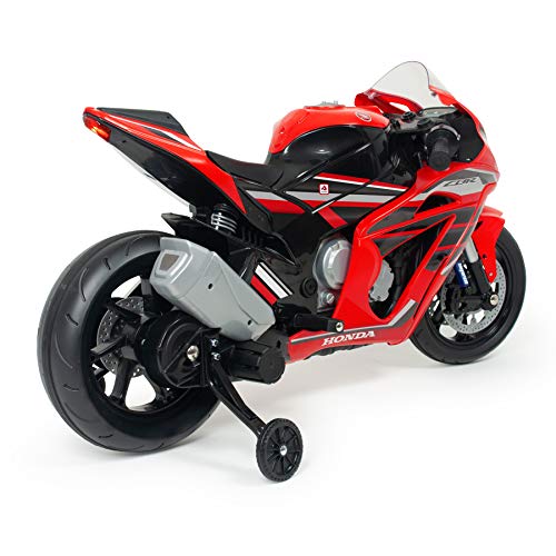 INJUSA Honda CBR 12V Roja Recomendada a Niños +3 Años con Bandas de Goma en Ruedas Aceleración en Puño Ruedas Estabilizadoras y MP3