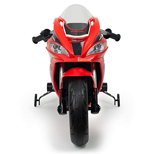 INJUSA Honda CBR 12V Roja Recomendada a Niños +3 Años con Bandas de Goma en Ruedas Aceleración en Puño Ruedas Estabilizadoras y MP3