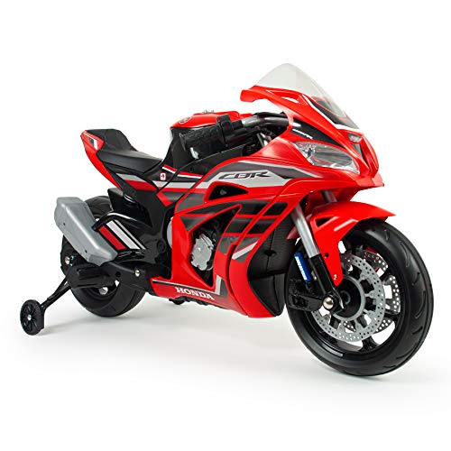 INJUSA Honda CBR 12V Roja Recomendada a Niños +3 Años con Bandas de Goma en Ruedas Aceleración en Puño Ruedas Estabilizadoras y MP3