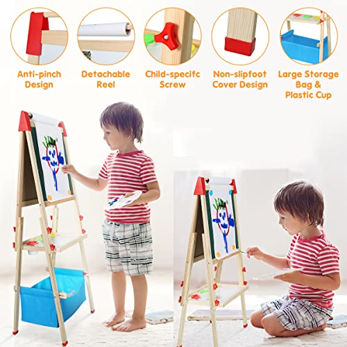 Innedu Tablero Niños, Caballete Pintura Doble Cara con Rollo Papel y Otros Accesorios, Pizarra Tiza Madera Ajustable en Altura para Niños Niñas de 3+ Años