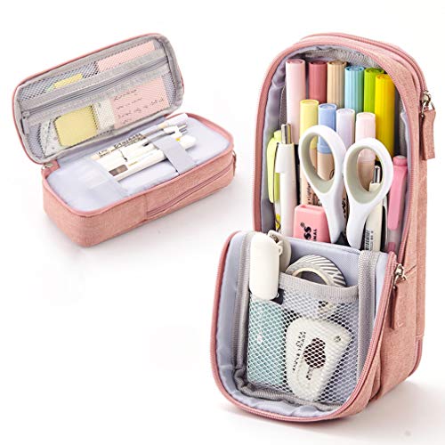 iSuperb Estuche Lápices de Pie Escolar Plumier Bolsa de Papeleria Plegable Soporte de Teléfono Gran Capacidad Estudiante Cremallera Estuche Adolescente Standing Pencil Case (Rosado)