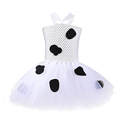 IWEMEK Bebés Niñas Dálmata Perro Manchado Vaca Disfraces Punto Vestido Princesa Tutú + Diadema Oreja + Cola 3D + Conjunto Accesorios Pajarita Trajes Fiesta Carnaval Halloween Vaca Blanca 10-12 años