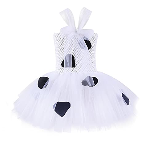 IWEMEK Bebés Niñas Dálmata Perro Manchado Vaca Disfraces Punto Vestido Princesa Tutú + Diadema Oreja + Cola 3D + Conjunto Accesorios Pajarita Trajes Fiesta Carnaval Halloween Vaca Blanca 10-12 años