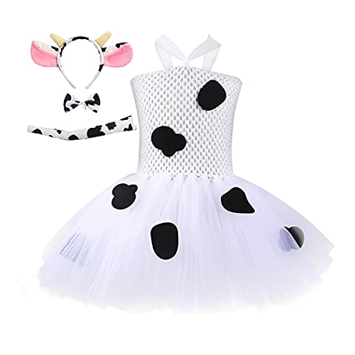 IWEMEK Bebés Niñas Dálmata Perro Manchado Vaca Disfraces Punto Vestido Princesa Tutú + Diadema Oreja + Cola 3D + Conjunto Accesorios Pajarita Trajes Fiesta Carnaval Halloween Vaca Blanca 10-12 años