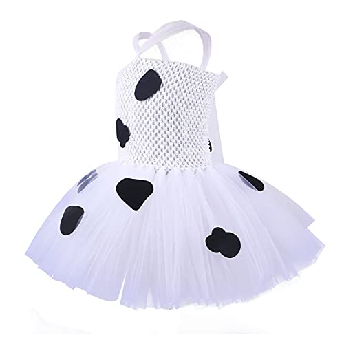 IWEMEK Bebés Niñas Dálmata Perro Manchado Vaca Disfraces Punto Vestido Princesa Tutú + Diadema Oreja + Cola 3D + Conjunto Accesorios Pajarita Trajes Fiesta Carnaval Halloween Vaca Blanca 10-12 años