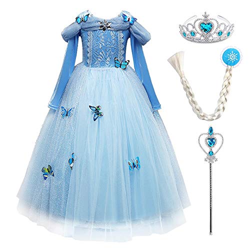 IWEMEK Disfraz de Carnaval Vestido de Cenicienta para Niñas Traje de Princesa Disfraces de Halloween Navidad Cumpleaños Pageant Comunión Cosplay Fiesta Azul Set 4-5 Años