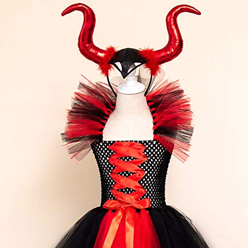 IWEMEK Disfraz de Malefica Niñas Reina Malvada Bruja Maleficent Costume Tutu Vestido con Diadema de Cuernos Halloween Fancy Dress Cosplay Fiesta Carnaval Disfraces 05 Rojo 8-9 Años