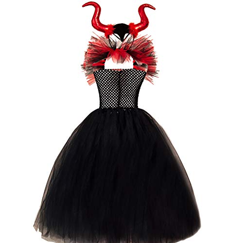 IWEMEK Disfraz de Malefica Niñas Reina Malvada Bruja Maleficent Costume Tutu Vestido con Diadema de Cuernos Halloween Fancy Dress Cosplay Fiesta Carnaval Disfraces 05 Rojo 8-9 Años