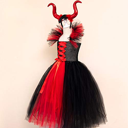 IWEMEK Disfraz de Malefica Niñas Reina Malvada Bruja Maleficent Costume Tutu Vestido con Diadema de Cuernos Halloween Fancy Dress Cosplay Fiesta Carnaval Disfraces 05 Rojo 8-9 Años