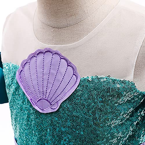 IWEMEK - Disfraz de sirena de Ariel para niña, vestido con accesorios para niños, cuentos de hadas, disfraces, disfraces, disfraces, vestidos de fiesta, verde, 8-9 Años