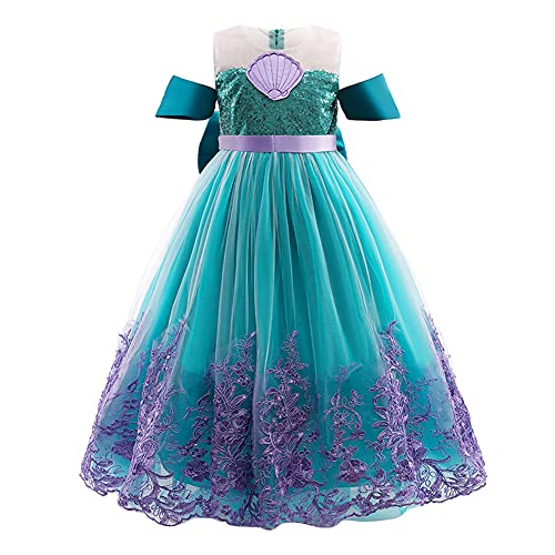 IWEMEK - Disfraz de sirena de Ariel para niña, vestido con accesorios para niños, cuentos de hadas, disfraces, disfraces, disfraces, vestidos de fiesta, verde, 8-9 Años