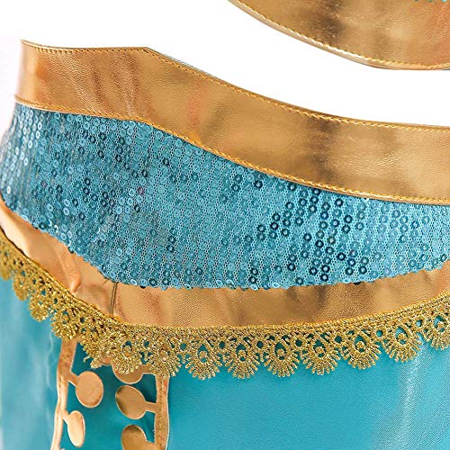 IWEMEK Niña Disfraz de Princesa Jasmine Vestido Aladdin árabe Danza Vientre India Tops Pantalones con Capa y Diadema Traje Carnaval Halloween Cosplay Navidad Cumpleaños Fiesta Costume 03 Azul 13-14