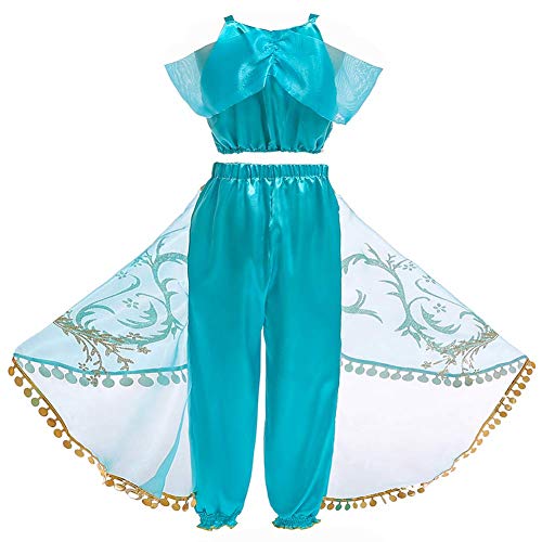 IWEMEK Niña Disfraz de Princesa Jasmine Vestido Aladdin árabe Danza Vientre India Tops Pantalones con Capa y Diadema Traje Carnaval Halloween Cosplay Navidad Cumpleaños Fiesta Costume 03 Azul 13-14