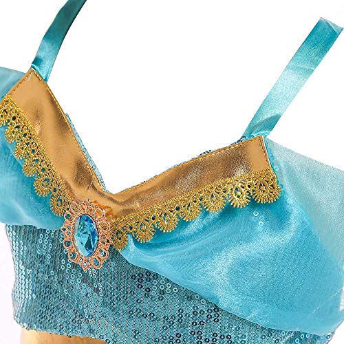 IWEMEK Niña Disfraz de Princesa Jasmine Vestido Aladdin árabe Danza Vientre India Tops Pantalones con Capa y Diadema Traje Carnaval Halloween Cosplay Navidad Cumpleaños Fiesta Costume 03 Azul 13-14