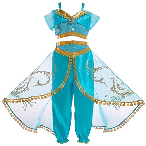 IWEMEK Niña Disfraz de Princesa Jasmine Vestido Aladdin árabe Danza Vientre India Tops Pantalones con Capa y Diadema Traje Carnaval Halloween Cosplay Navidad Cumpleaños Fiesta Costume 03 Azul 13-14