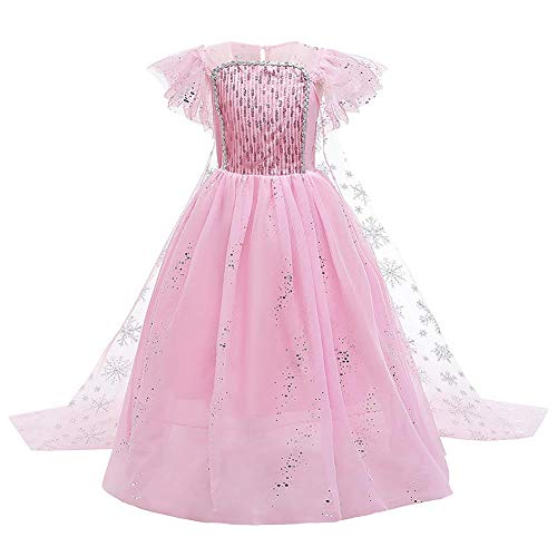 IWEMEK Niñas Disfraz de Elsa Vestido de Princesa con Capa + Accesorios Ice Snow Queen Reino de Hielo Disfraces de Carnaval Fiesta Halloween Navidad Fancy Dress Up Costume Rosa Set 5-6 Años