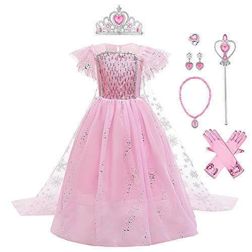 IWEMEK Niñas Disfraz de Elsa Vestido de Princesa con Capa + Accesorios Ice Snow Queen Reino de Hielo Disfraces de Carnaval Fiesta Halloween Navidad Fancy Dress Up Costume Rosa Set 5-6 Años