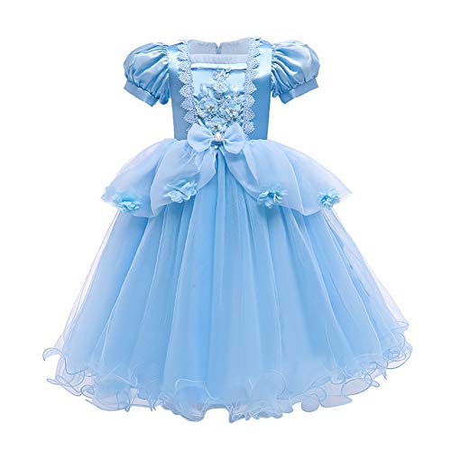 IWEMEK Vestido de Cenicienta Disfraz de Princesa de Tul Encaje Flor Maxi Largo Niñas Disfraces de Carnaval Halloween Navidad Cumpleaños Ceremonia Fiesta Vestidos Ropa #01: Azul 11-12 años